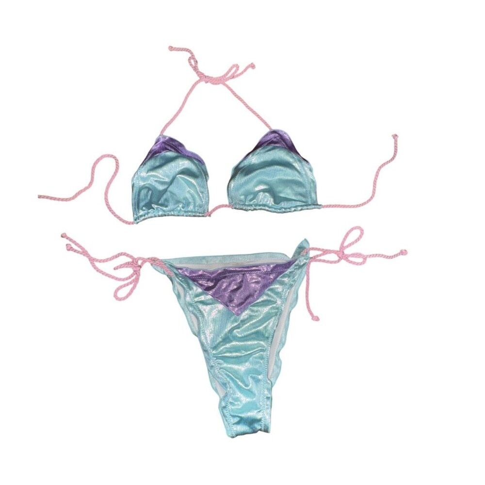 XL Shiny Triangle Bikini Set Blue‎ Purple Mermaid Sexy Y2K Swimwear Ariel Beach